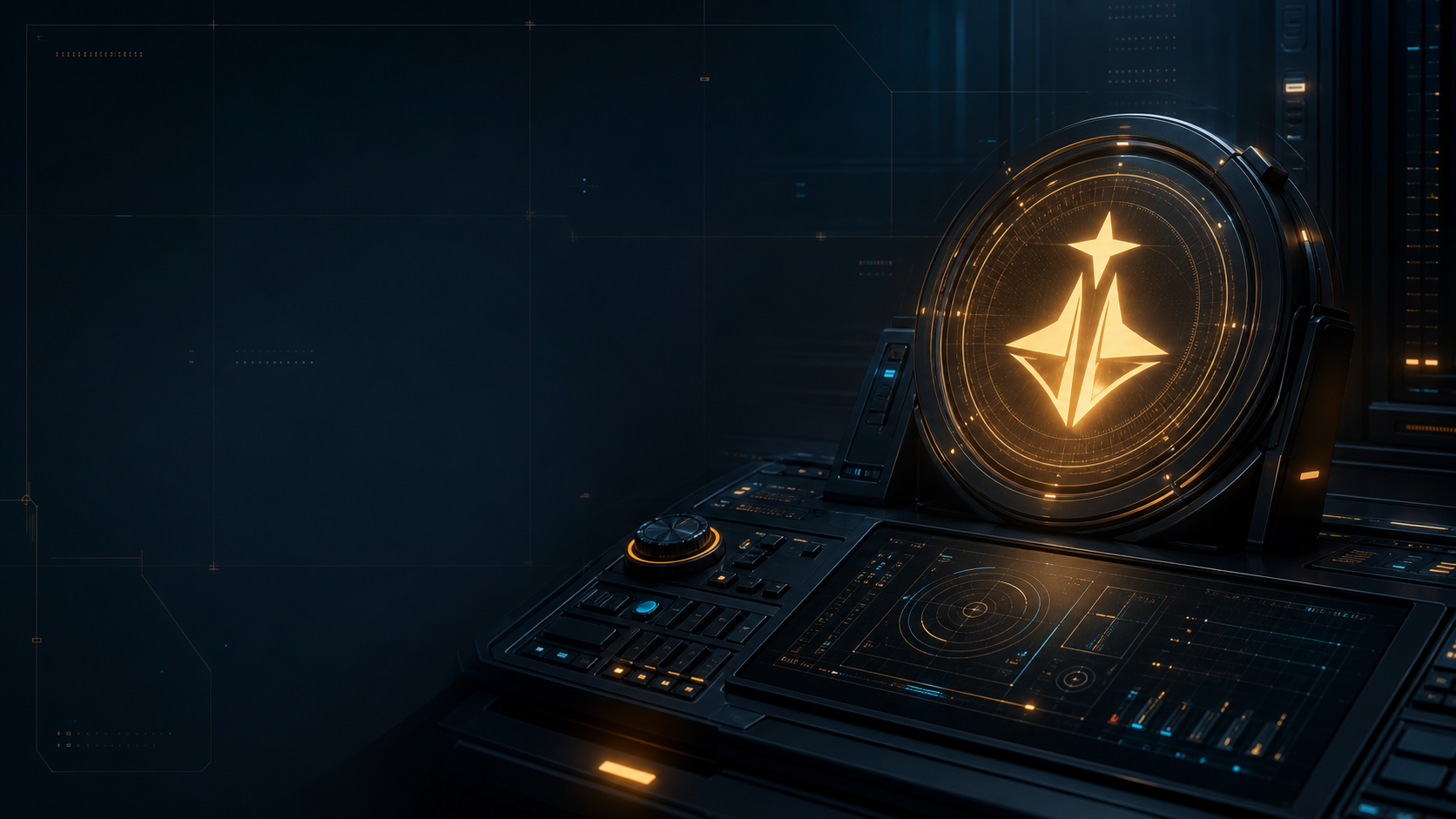 Orbital launch-control workbench with a glowing ship and star mark.