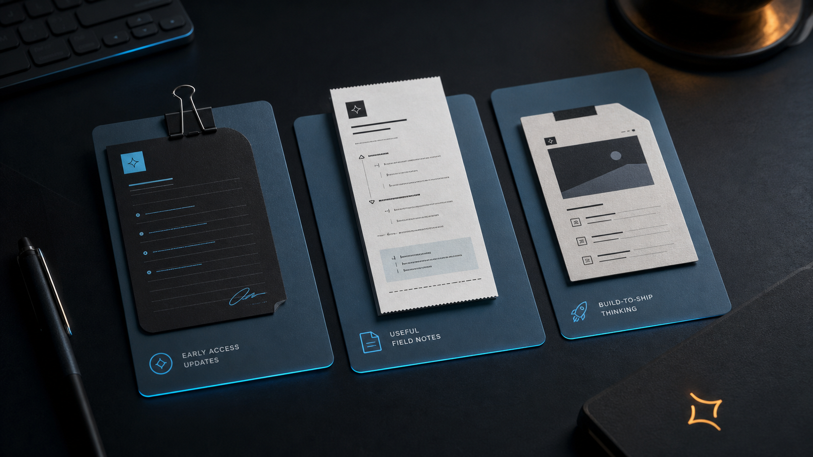 Field notes and product artifacts arranged on a dark maker desk.
