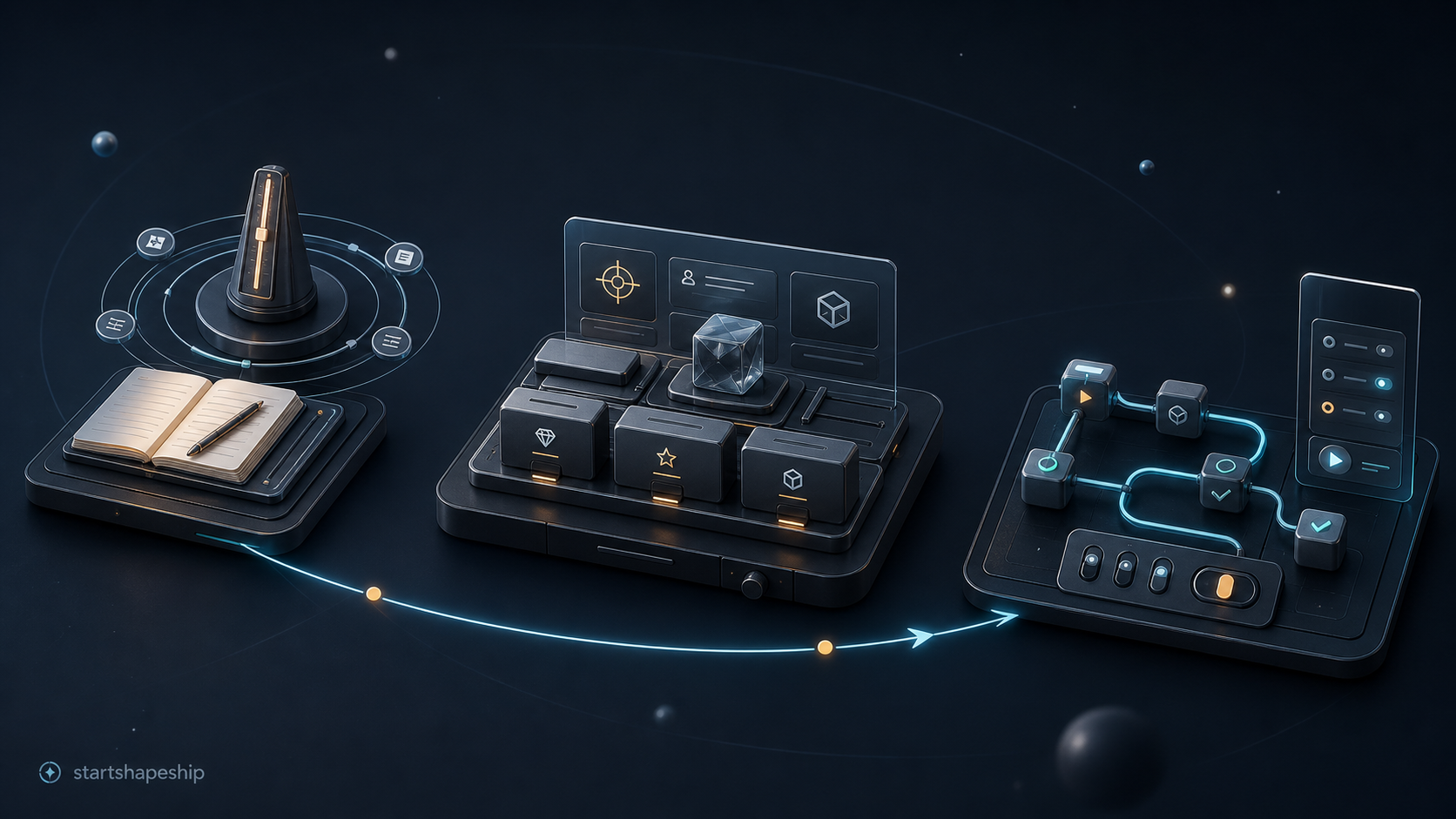 Three orbital workstations showing a progression from beginner clarity to maker momentum.